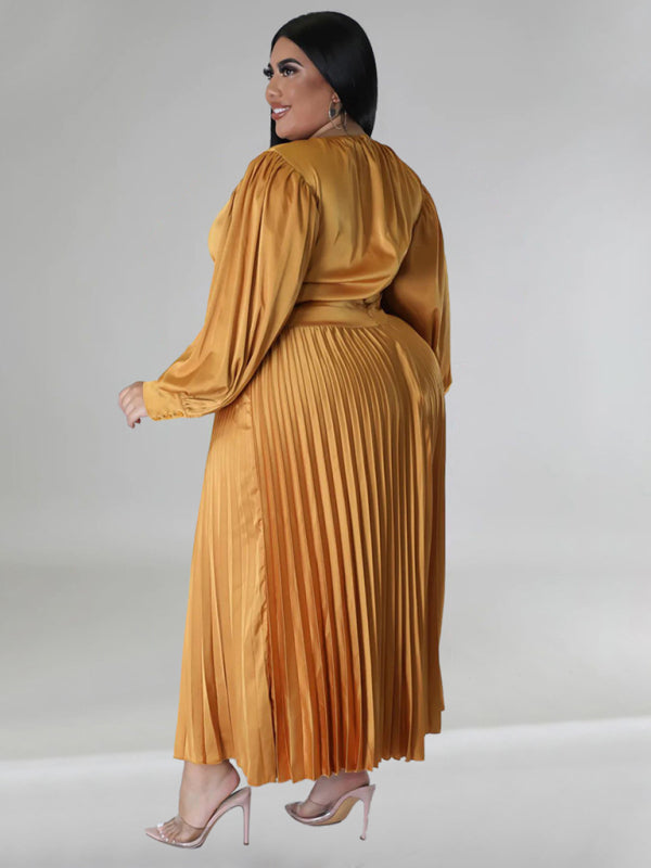 Blue Zone Planet | Gia's Plus Size Pleated Round Neck Long Sleeve Maxi Dress-TOPS / DRESSES-[Adult]-[Female]-2022 Online Blue Zone Planet