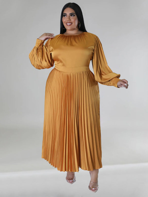 Blue Zone Planet | Gia's Plus Size Pleated Round Neck Long Sleeve Maxi Dress-TOPS / DRESSES-[Adult]-[Female]-2022 Online Blue Zone Planet