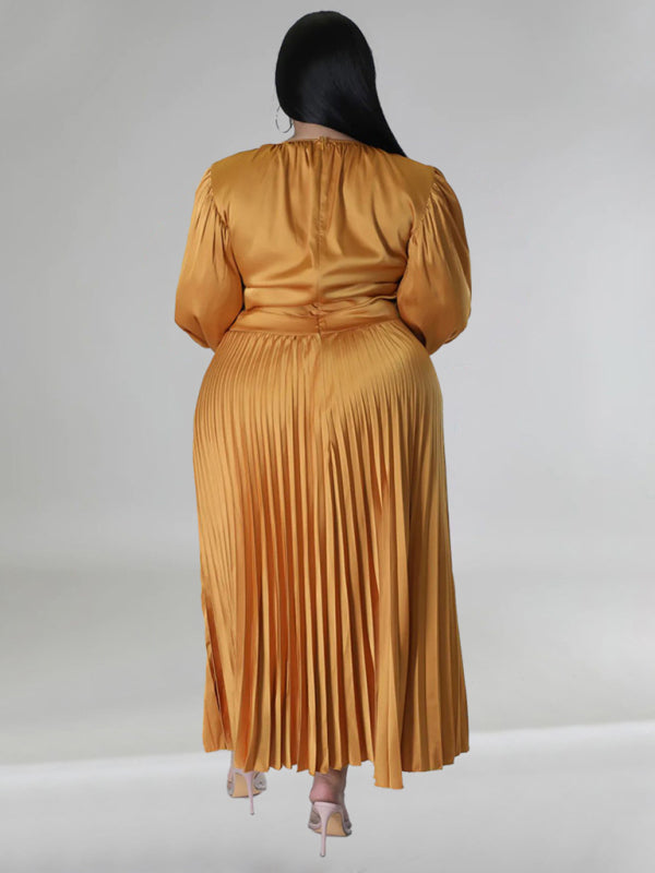 Blue Zone Planet | Gia's Plus Size Pleated Round Neck Long Sleeve Maxi Dress-TOPS / DRESSES-[Adult]-[Female]-2022 Online Blue Zone Planet