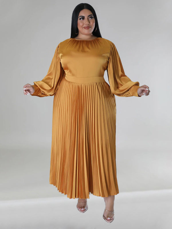 Solid Lantern Sleeve Pleated Satin Dress, Gold / 4XL Solid Lantern Sleeve Pleated Satin Dress, Gold / 4XL