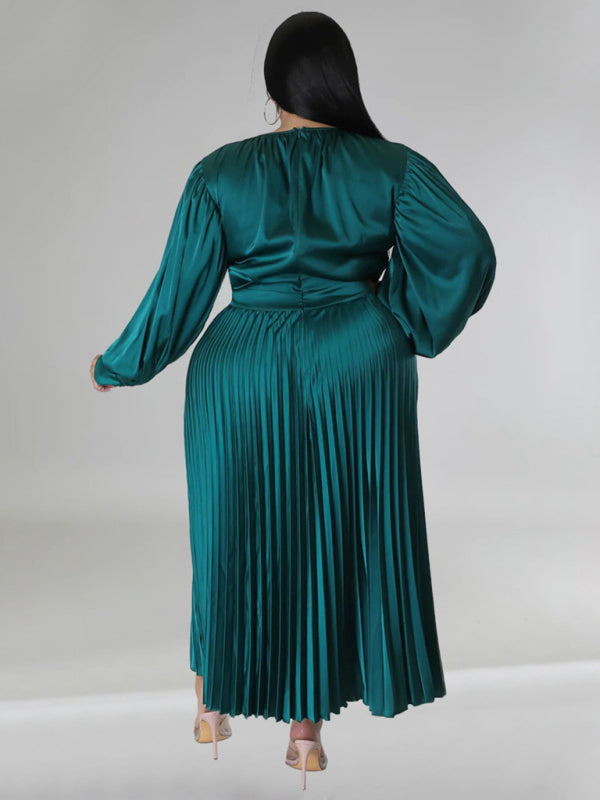 Blue Zone Planet | Gia's Plus Size Pleated Round Neck Long Sleeve Maxi Dress-TOPS / DRESSES-[Adult]-[Female]-2022 Online Blue Zone Planet