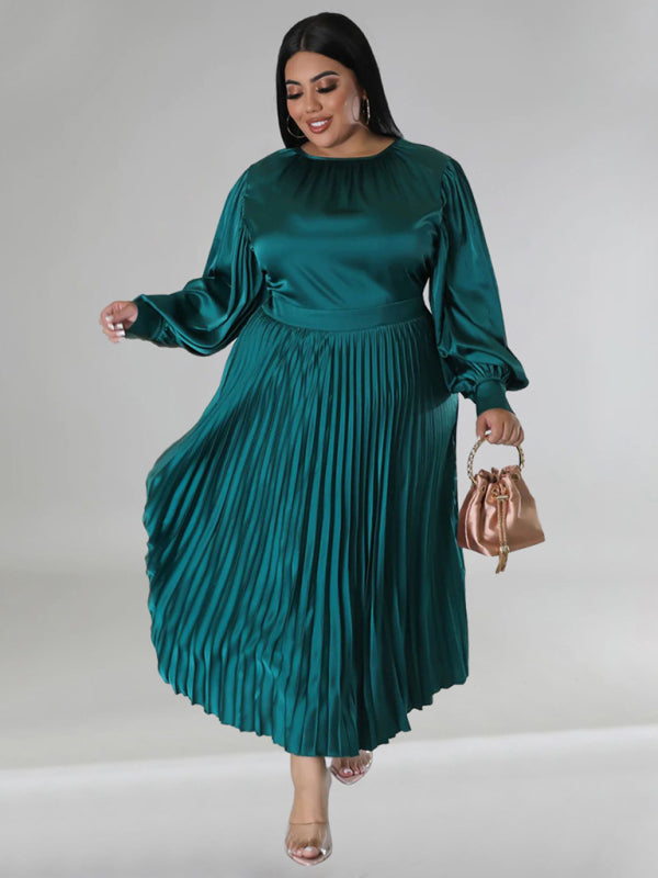 Blue Zone Planet | Gia's Plus Size Pleated Round Neck Long Sleeve Maxi Dress-TOPS / DRESSES-[Adult]-[Female]-Green-L-2022 Online Blue Zone Planet