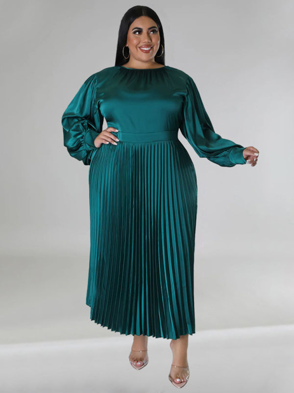 Blue Zone Planet | Gia's Plus Size Pleated Round Neck Long Sleeve Maxi Dress-TOPS / DRESSES-[Adult]-[Female]-2022 Online Blue Zone Planet