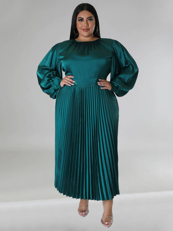 Blue Zone Planet | Gia's Plus Size Pleated Round Neck Long Sleeve Maxi Dress-TOPS / DRESSES-[Adult]-[Female]-2022 Online Blue Zone Planet