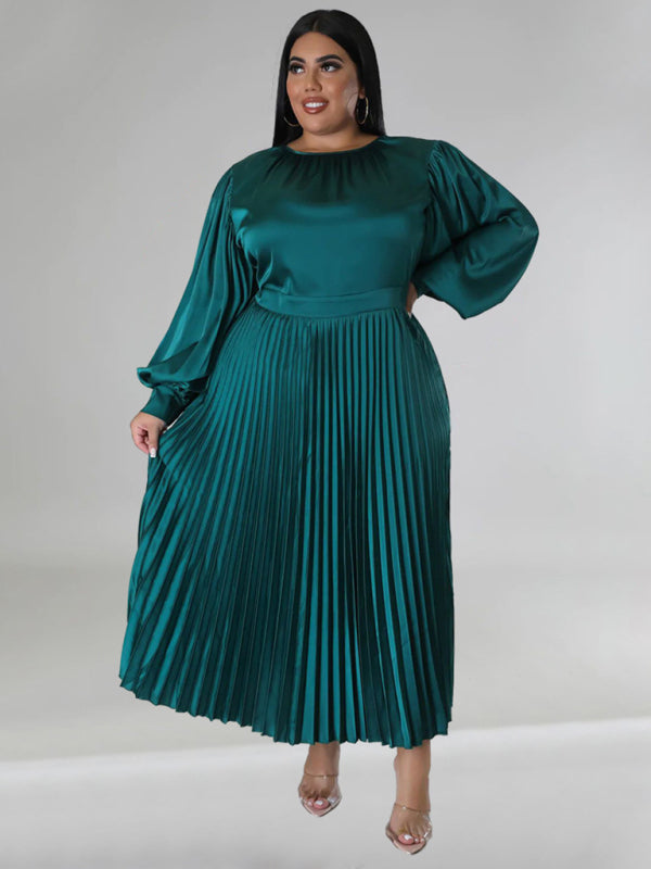 Blue Zone Planet | Gia's Plus Size Pleated Round Neck Long Sleeve Maxi Dress-TOPS / DRESSES-[Adult]-[Female]-2022 Online Blue Zone Planet