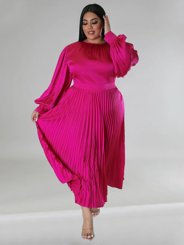 Blue Zone Planet | Gia's Plus Size Pleated Round Neck Long Sleeve Maxi Dress-TOPS / DRESSES-[Adult]-[Female]-2022 Online Blue Zone Planet