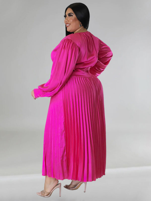 Blue Zone Planet | Gia's Plus Size Pleated Round Neck Long Sleeve Maxi Dress-TOPS / DRESSES-[Adult]-[Female]-2022 Online Blue Zone Planet