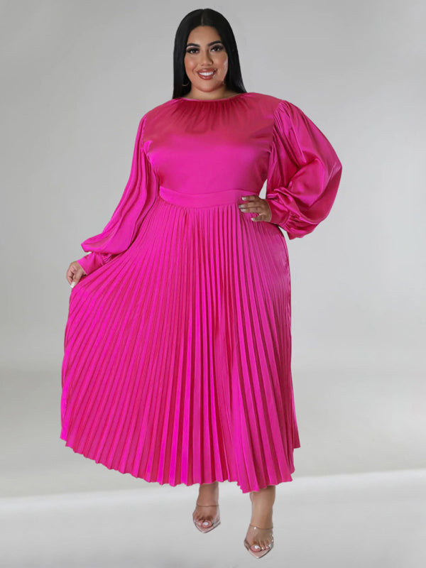 Blue Zone Planet | Gia's Plus Size Pleated Round Neck Long Sleeve Maxi Dress-TOPS / DRESSES-[Adult]-[Female]-Rose-L-2022 Online Blue Zone Planet