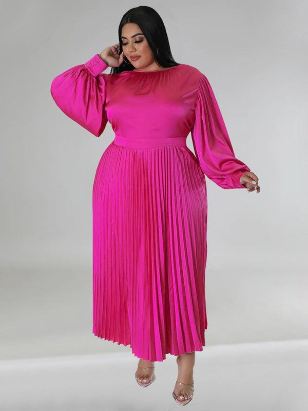 Blue Zone Planet | Gia's Plus Size Pleated Round Neck Long Sleeve Maxi Dress-TOPS / DRESSES-[Adult]-[Female]-2022 Online Blue Zone Planet