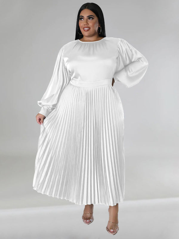 Blue Zone Planet | Gia's Plus Size Pleated Round Neck Long Sleeve Maxi Dress-TOPS / DRESSES-[Adult]-[Female]-2022 Online Blue Zone Planet