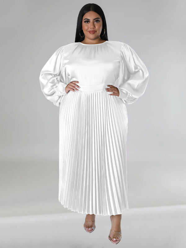 Blue Zone Planet | Gia's Plus Size Pleated Round Neck Long Sleeve Maxi Dress-TOPS / DRESSES-[Adult]-[Female]-2022 Online Blue Zone Planet