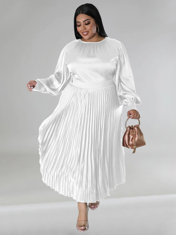 Blue Zone Planet | Gia's Plus Size Pleated Round Neck Long Sleeve Maxi Dress-TOPS / DRESSES-[Adult]-[Female]-White-L-2022 Online Blue Zone Planet