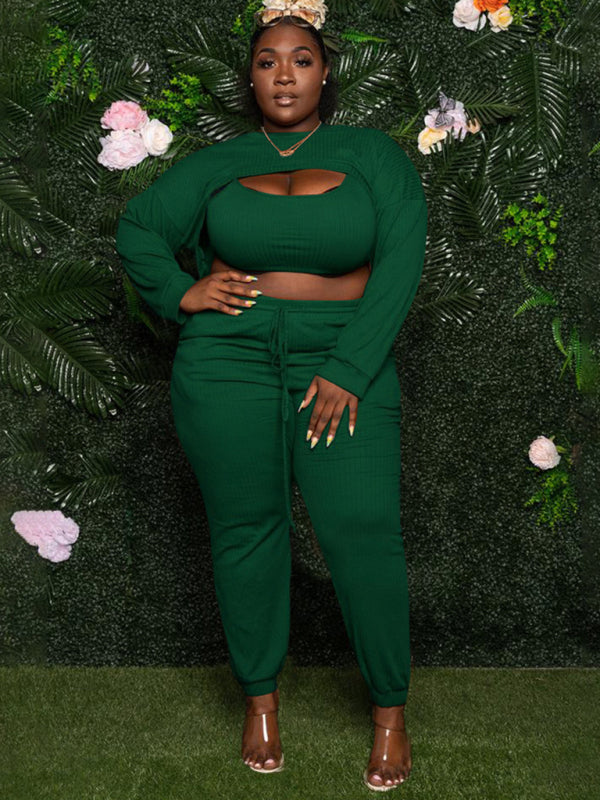 Plus size fashion chest opening hollow solid color ribbed three-piece suit-[Adult]-[Female]-Green-L-2022 Online Blue Zone Planet