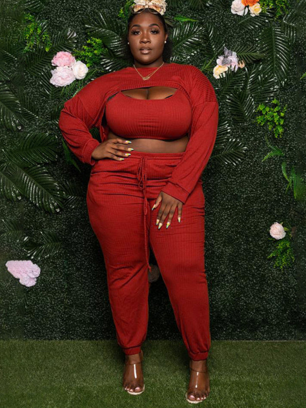 Plus size fashion chest opening hollow solid color ribbed three-piece suit-[Adult]-[Female]-Red-L-2022 Online Blue Zone Planet