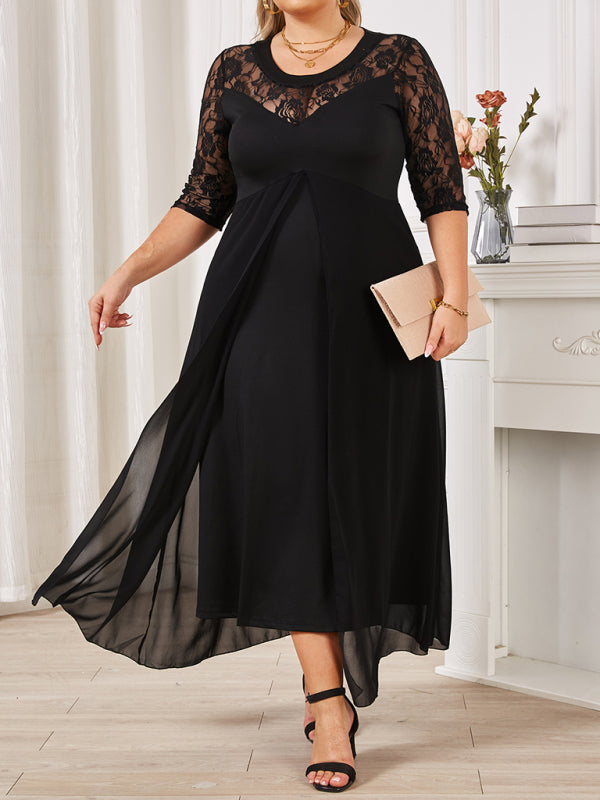 Plus size round neck lace splicing V neck half sleeve big swing dress-[Adult]-[Female]-Black-XL-2022 Online Blue Zone Planet