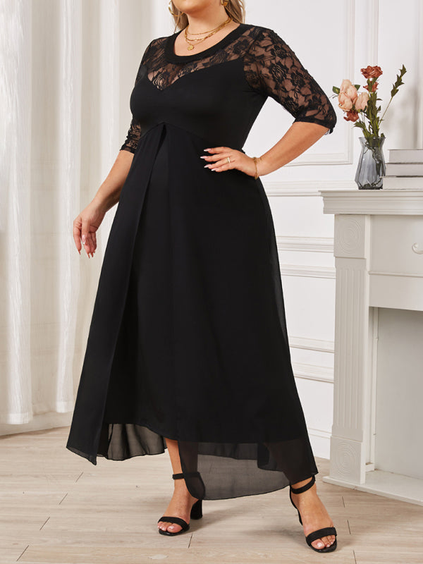 Plus size round neck lace splicing V neck half sleeve big swing dress-[Adult]-[Female]-2022 Online Blue Zone Planet