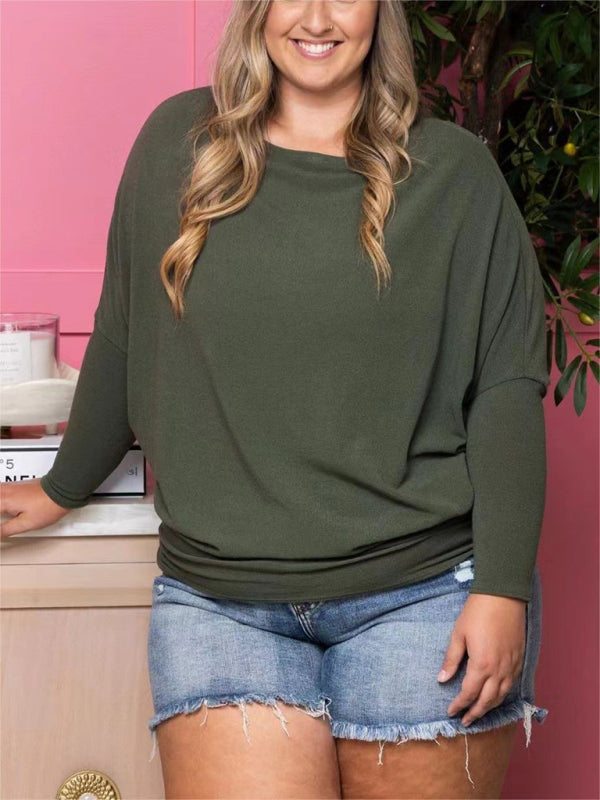 Plus size solid color long sleeve T-shirt-[Adult]-[Female]-Olive green-S-2022 Online Blue Zone Planet