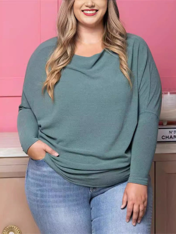 Plus size solid color long sleeve T-shirt-[Adult]-[Female]-Grey green-S-2022 Online Blue Zone Planet