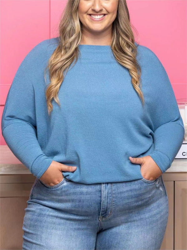 Plus size solid color long sleeve T-shirt-[Adult]-[Female]-Clear blue-S-2022 Online Blue Zone Planet