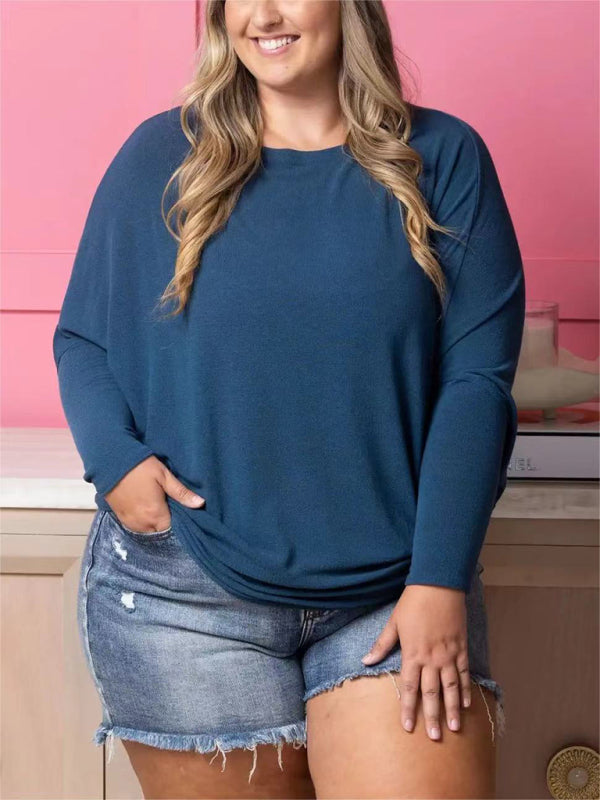 Plus size solid color long sleeve T-shirt-[Adult]-[Female]-Champlain color-S-2022 Online Blue Zone Planet