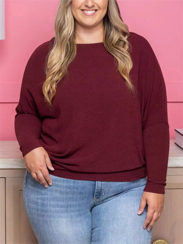 Plus size solid color long sleeve T-shirt-[Adult]-[Female]-Wine Red-S-2022 Online Blue Zone Planet