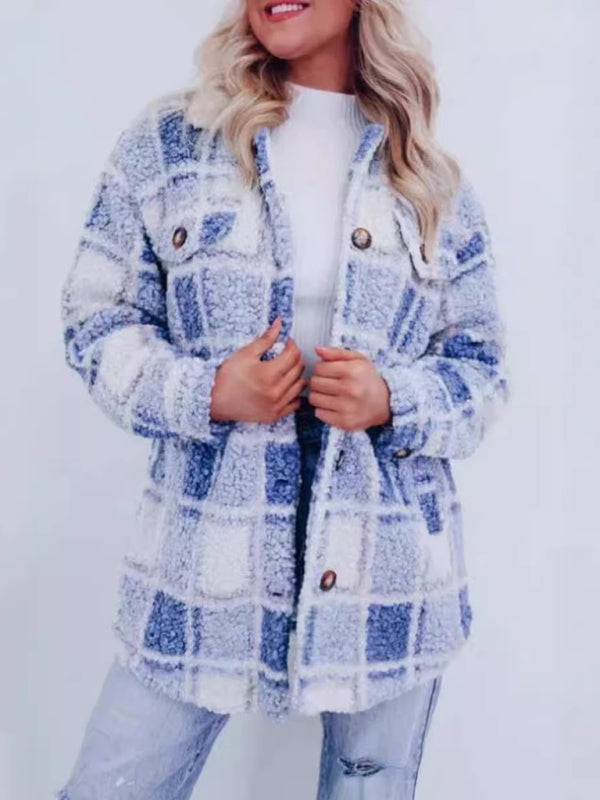 New multi-color plaid warm lapel jacket and versatile long-sleeved coat-[Adult]-[Female]-Blue-S-2022 Online Blue Zone Planet