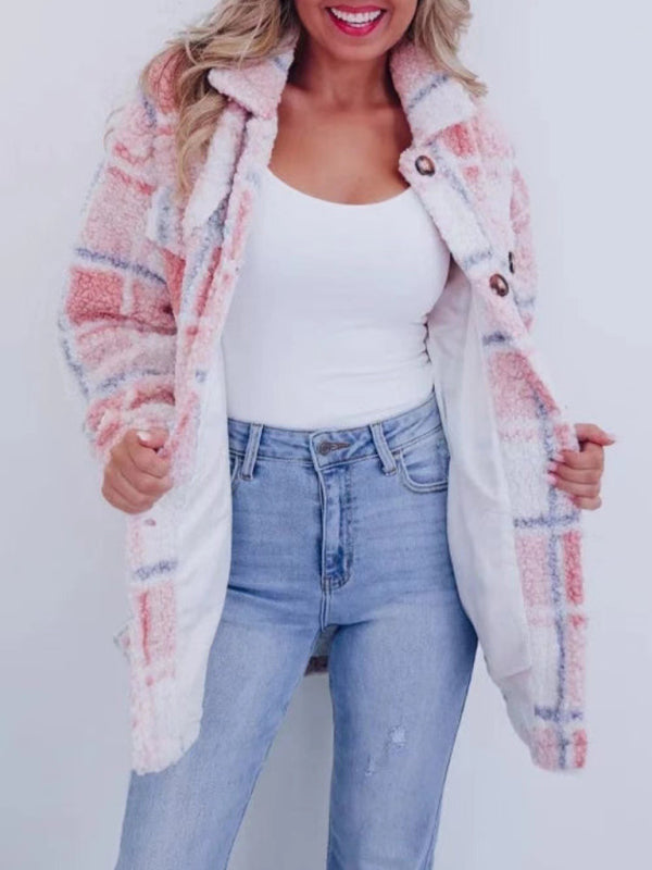 New multi-color plaid warm lapel jacket and versatile long-sleeved coat-[Adult]-[Female]-Pink-S-2022 Online Blue Zone Planet