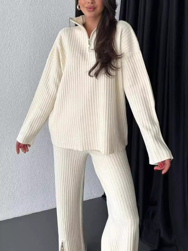 New solid color zipper knitted suit high collar ribbed home wear two-piece suit-[Adult]-[Female]-Cracker khaki-S-2022 Online Blue Zone Planet