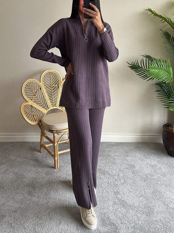 New solid color zipper knitted suit high collar ribbed home wear two-piece suit-[Adult]-[Female]-2022 Online Blue Zone Planet