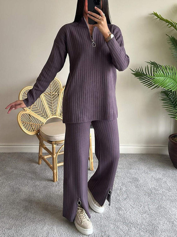 New solid color zipper knitted suit high collar ribbed home wear two-piece suit-[Adult]-[Female]-2022 Online Blue Zone Planet