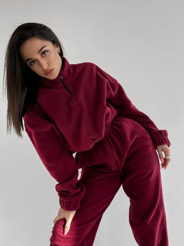 Fashion loose zipper stand collar sweatshirt two-piece suit-[Adult]-[Female]-Wine Red-S-2022 Online Blue Zone Planet