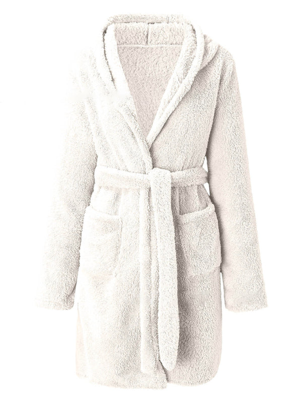 Autumn and winter hooded home plush pajamas solid color warm bathrobe-[Adult]-[Female]-2022 Online Blue Zone Planet