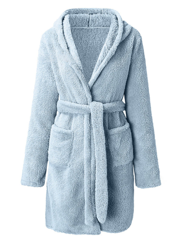 Autumn and winter hooded home plush pajamas solid color warm bathrobe-[Adult]-[Female]-Blue-S-2022 Online Blue Zone Planet