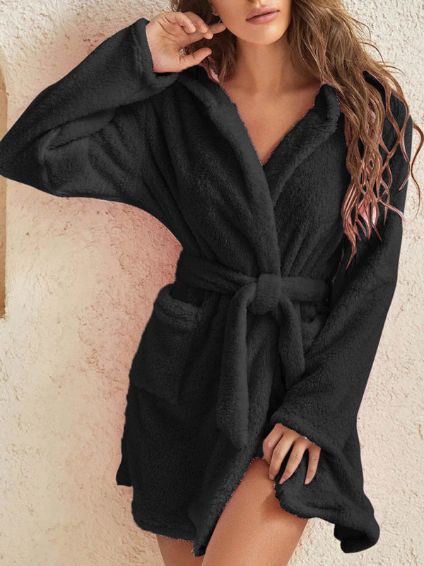 Autumn and winter hooded home plush pajamas solid color warm bathrobe-[Adult]-[Female]-Black-S-2022 Online Blue Zone Planet