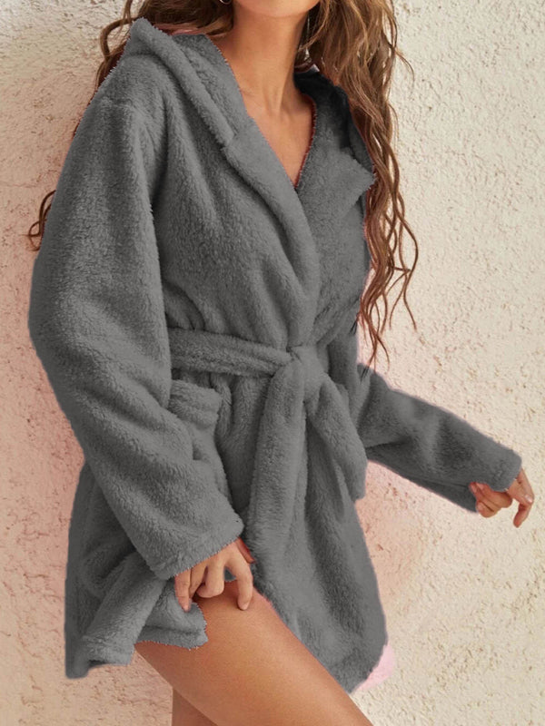 Autumn and winter hooded home plush pajamas solid color warm bathrobe-[Adult]-[Female]-2022 Online Blue Zone Planet