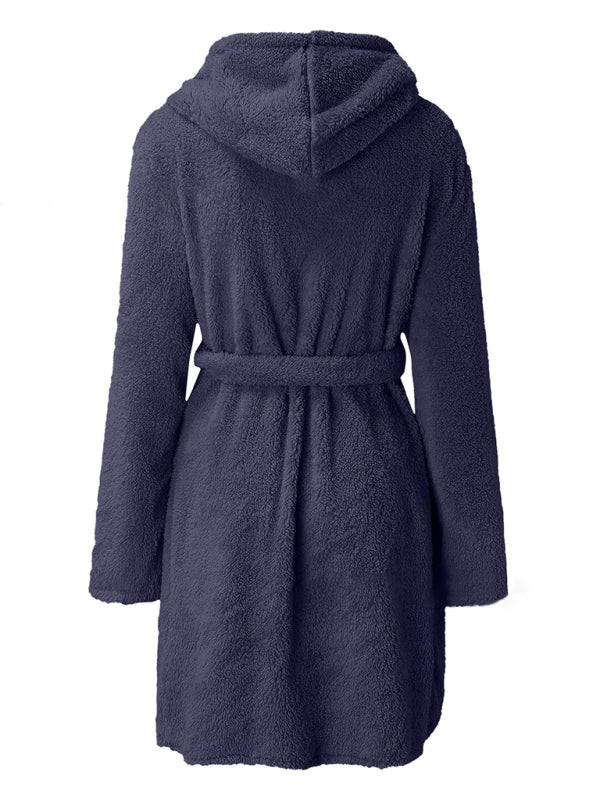 Autumn and winter hooded home plush pajamas solid color warm bathrobe-[Adult]-[Female]-2022 Online Blue Zone Planet