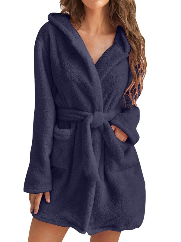 Autumn and winter hooded home plush pajamas solid color warm bathrobe-[Adult]-[Female]-Grey-S-2022 Online Blue Zone Planet