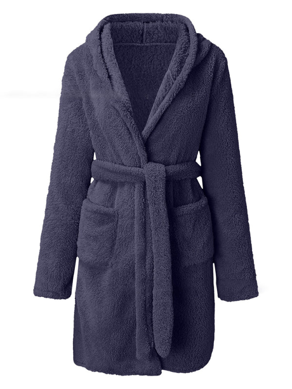 Autumn and winter hooded home plush pajamas solid color warm bathrobe-[Adult]-[Female]-2022 Online Blue Zone Planet