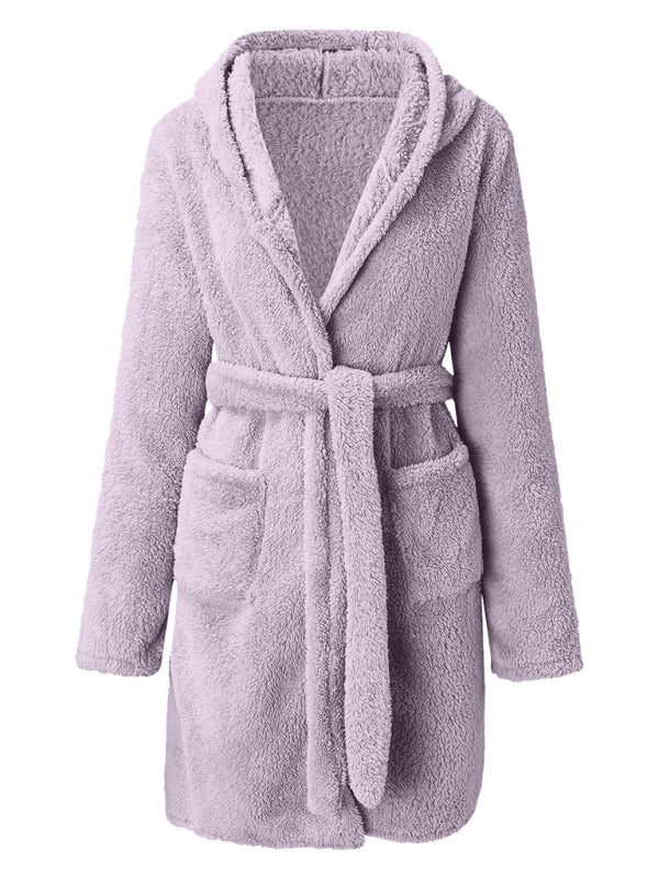 Autumn and winter hooded home plush pajamas solid color warm bathrobe-[Adult]-[Female]-Purple-S-2022 Online Blue Zone Planet