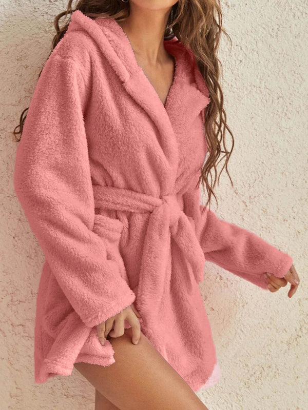 Autumn and winter hooded home plush pajamas solid color warm bathrobe-[Adult]-[Female]-2022 Online Blue Zone Planet