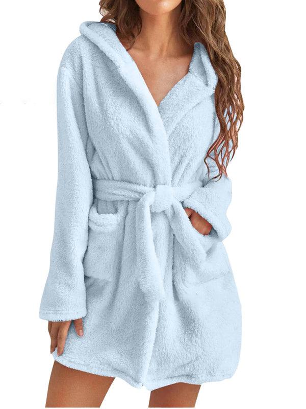 Autumn and winter hooded home plush pajamas solid color warm bathrobe-[Adult]-[Female]-Sky blue azure-S-2022 Online Blue Zone Planet