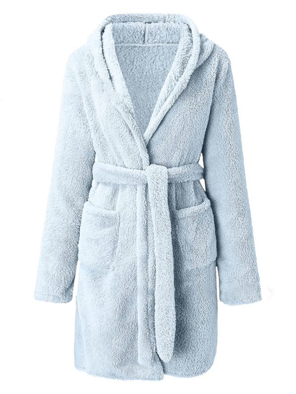 Autumn and winter hooded home plush pajamas solid color warm bathrobe-[Adult]-[Female]-2022 Online Blue Zone Planet