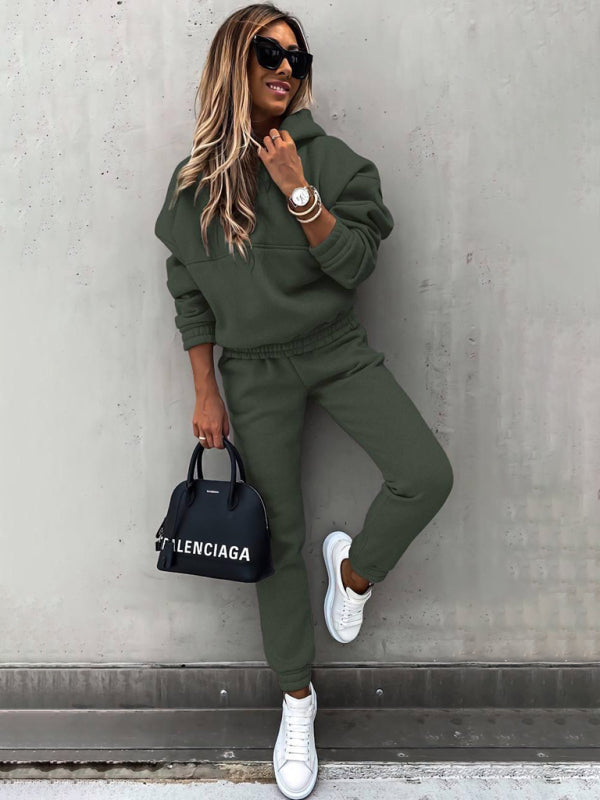 Fashion long-sleeved sports sweatshirt suit two-piece set-[Adult]-[Female]-Olive green-S-2022 Online Blue Zone Planet