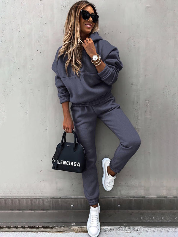 Fashion long-sleeved sports sweatshirt suit two-piece set-[Adult]-[Female]-Charcoal grey-S-2022 Online Blue Zone Planet