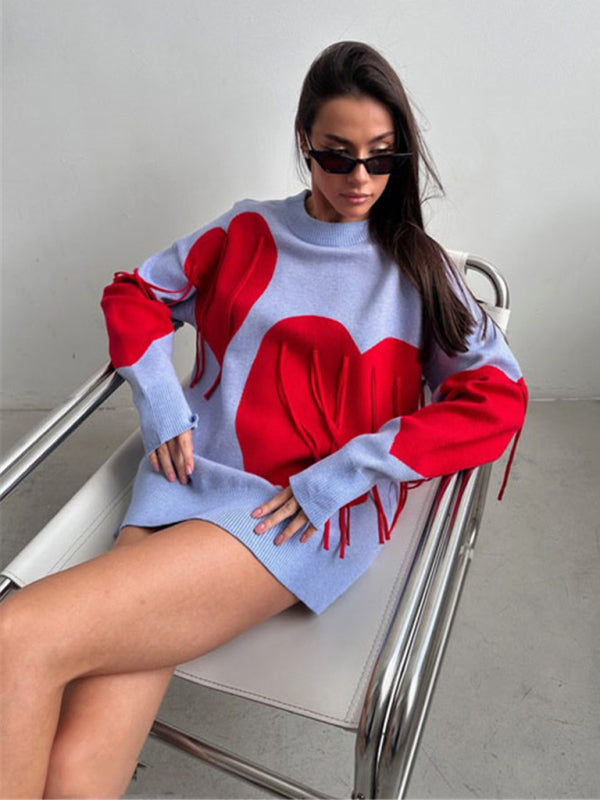 New round neck fashion pullover heart tassel sweater-[Adult]-[Female]-2022 Online Blue Zone Planet