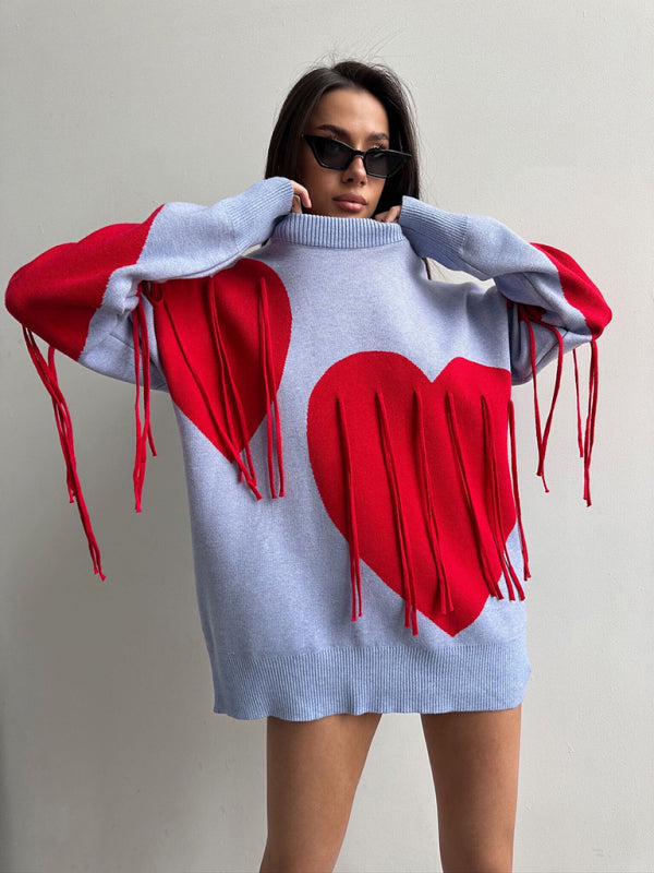 New round neck fashion pullover heart tassel sweater-[Adult]-[Female]-2022 Online Blue Zone Planet