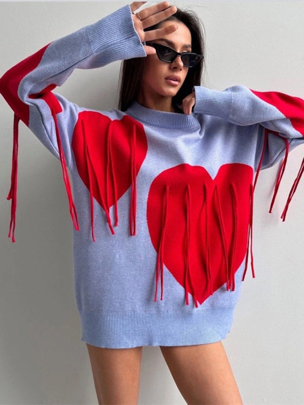 New round neck fashion pullover heart tassel sweater-[Adult]-[Female]-2022 Online Blue Zone Planet