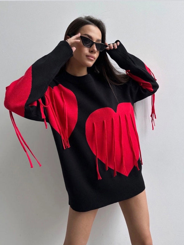 New round neck fashion pullover heart tassel sweater-[Adult]-[Female]-Black-S-2022 Online Blue Zone Planet