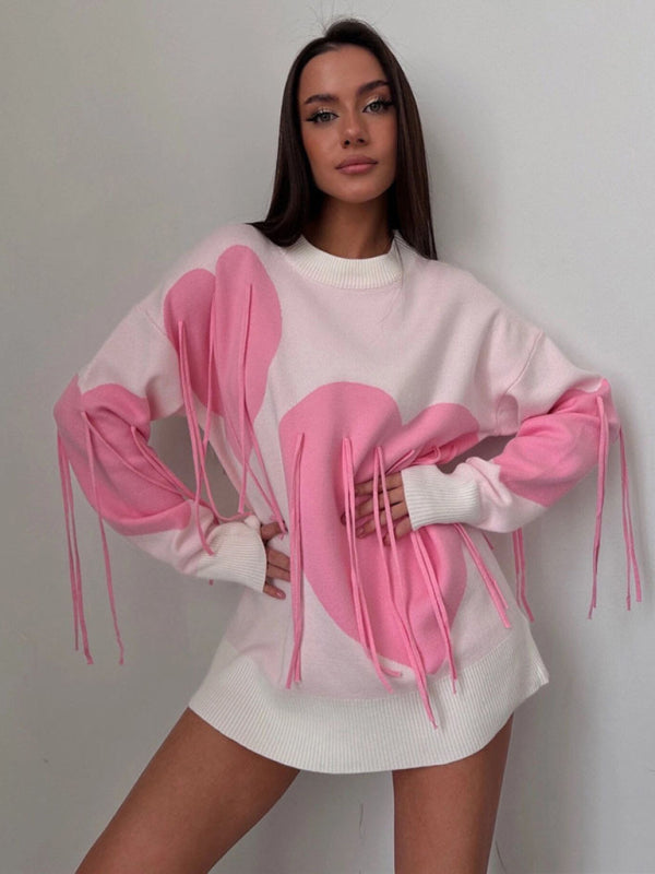 New round neck fashion pullover heart tassel sweater-[Adult]-[Female]-Pink-S-2022 Online Blue Zone Planet