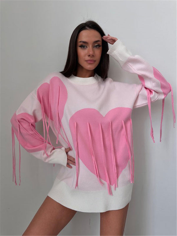 New round neck fashion pullover heart sweater-[Adult]-[Female]-Pink-S-2022 Online Blue Zone Planet